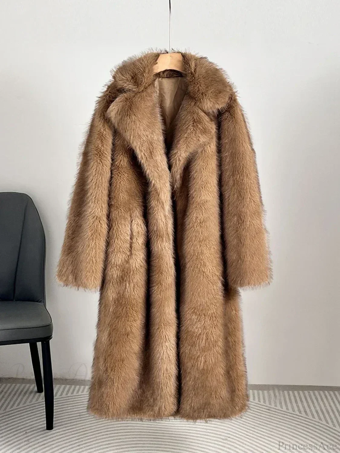 Faux Fur Lapel Loose Long Sleeve Overcoat - Image 3