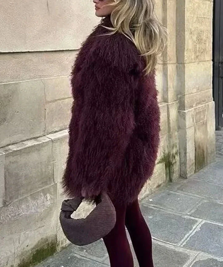 Faux Fur Loose Long Sleeve Coat - Image 3