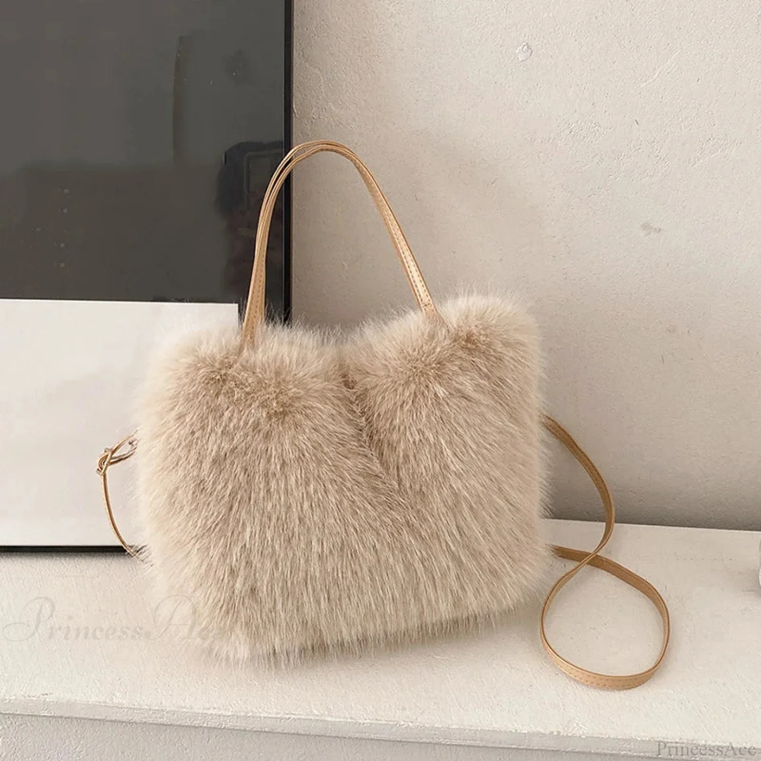 Faux Fur Plush Bucket Tote Winter Crossbody Shoulder Handbag - Image 11