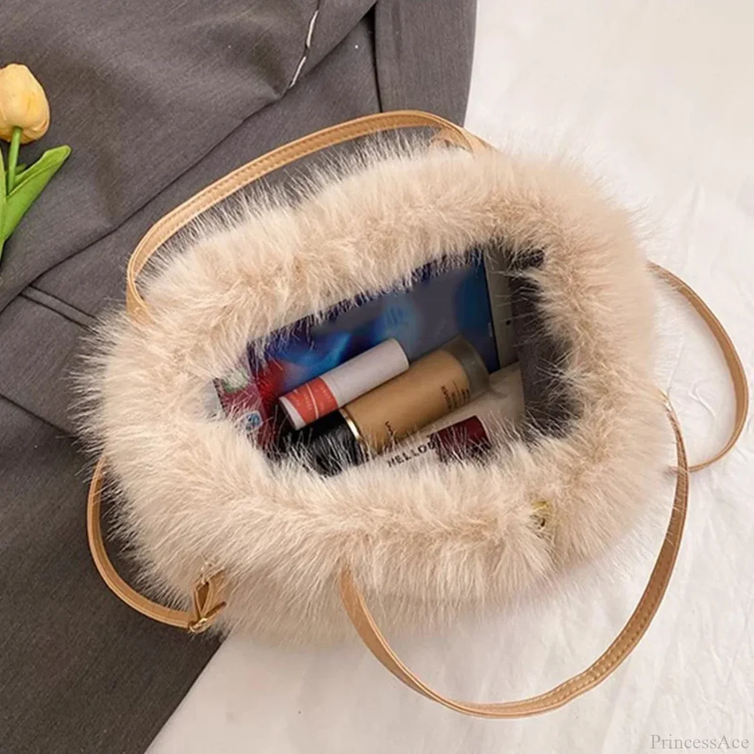 Faux Fur Plush Bucket Tote Winter Crossbody Shoulder Handbag - Image 5