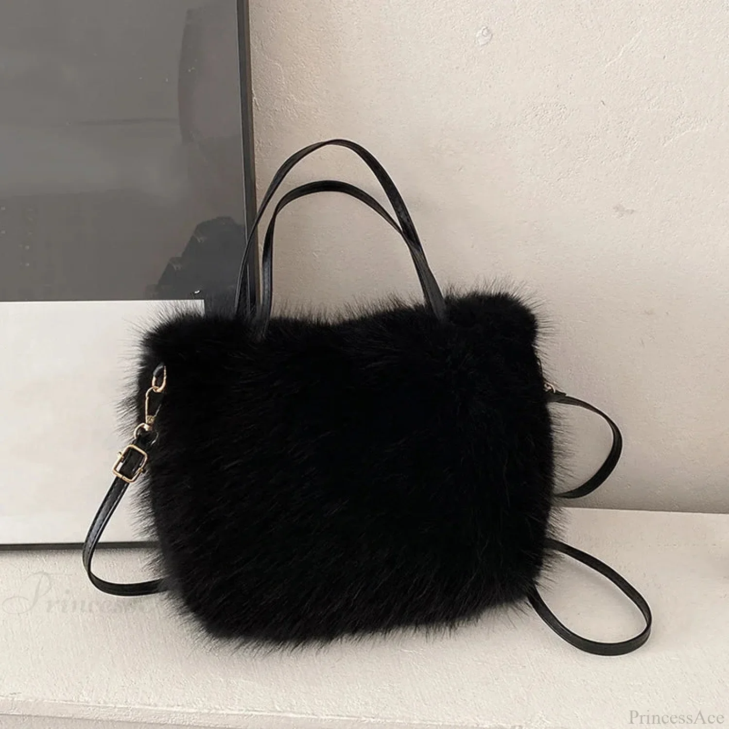 Faux Fur Plush Bucket Tote Winter Crossbody Shoulder Handbag - Image 7