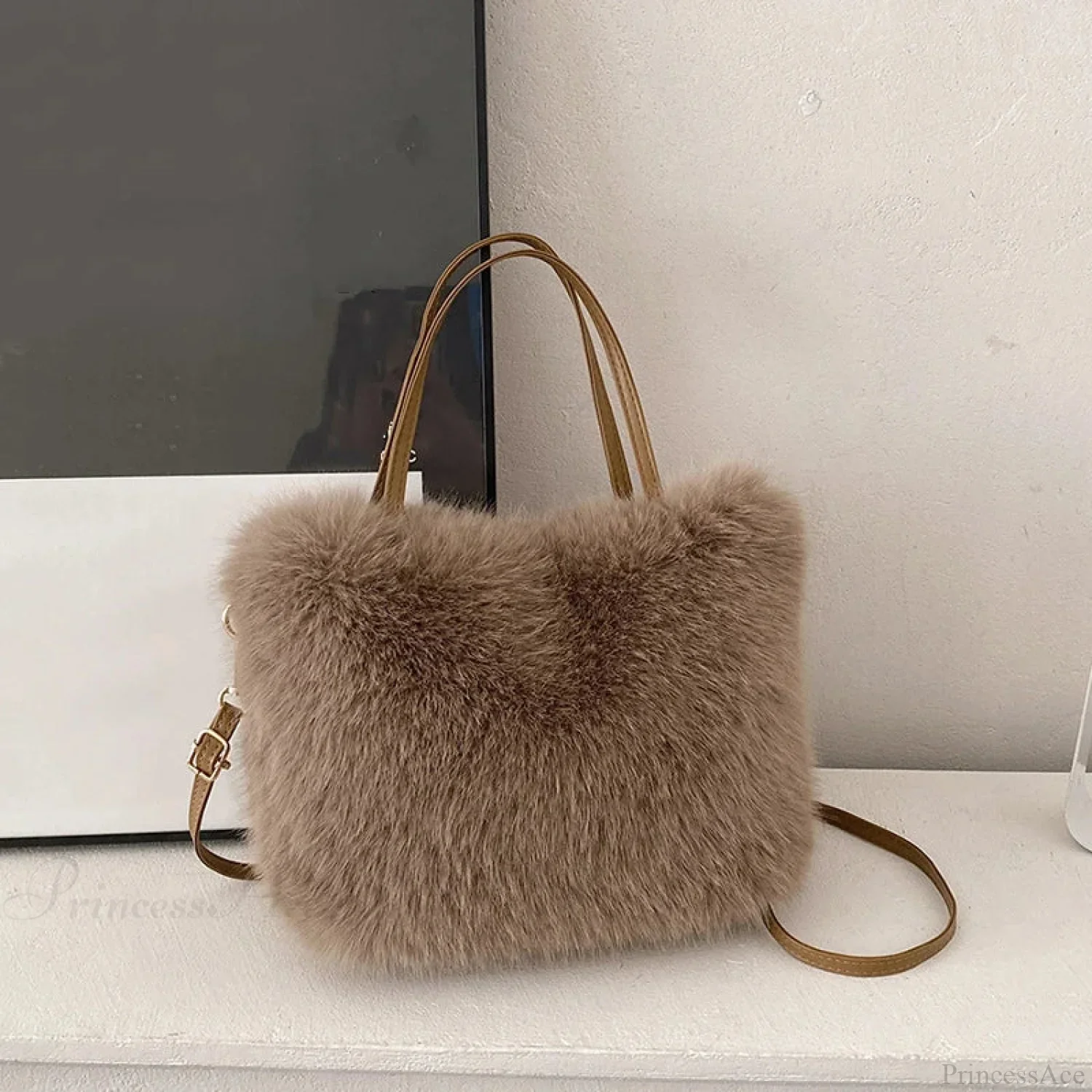 Faux Fur Plush Bucket Tote Winter Crossbody Shoulder Handbag - Image 8