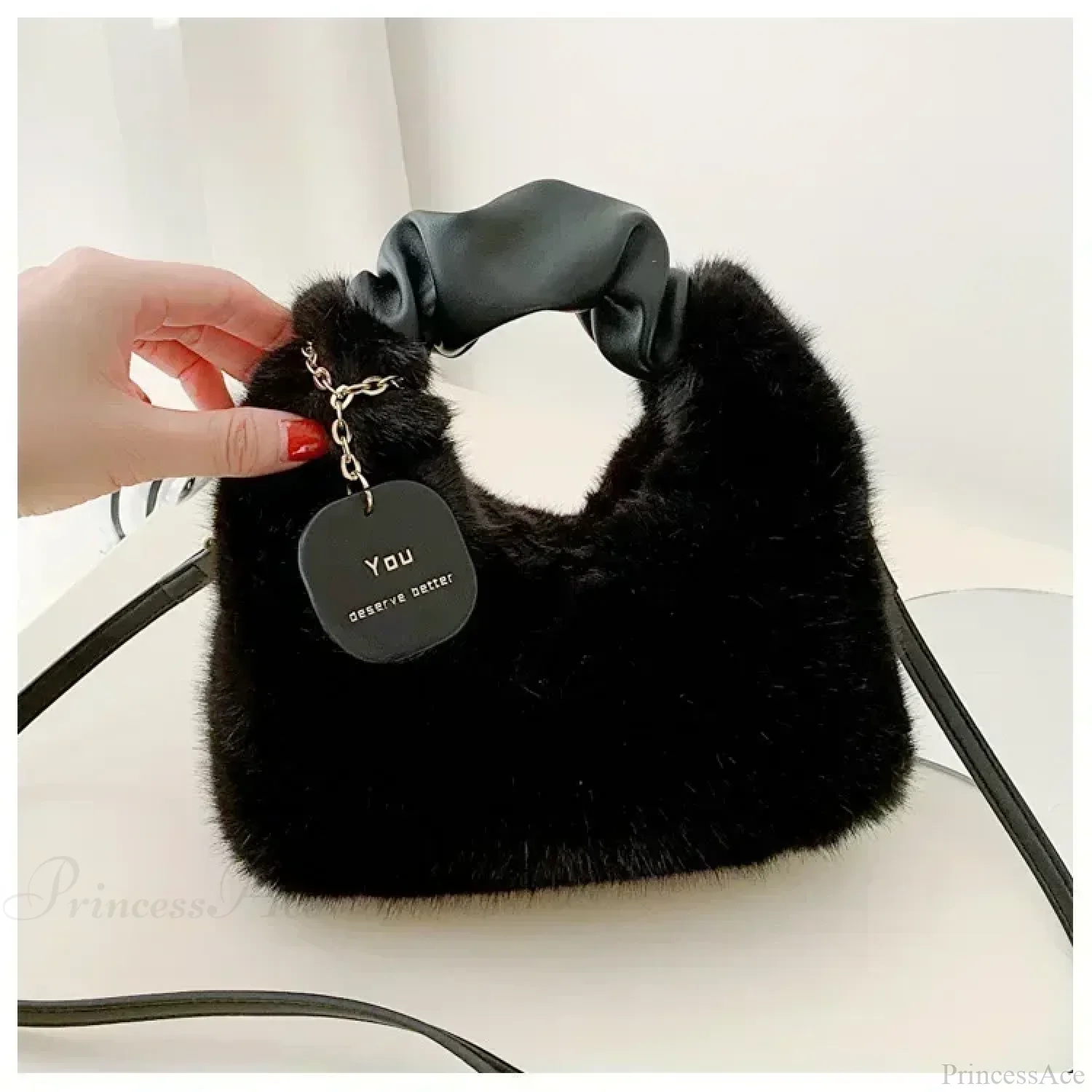 Faux Fur Plush Ruched Handle Crossbody Handbag - Image 8