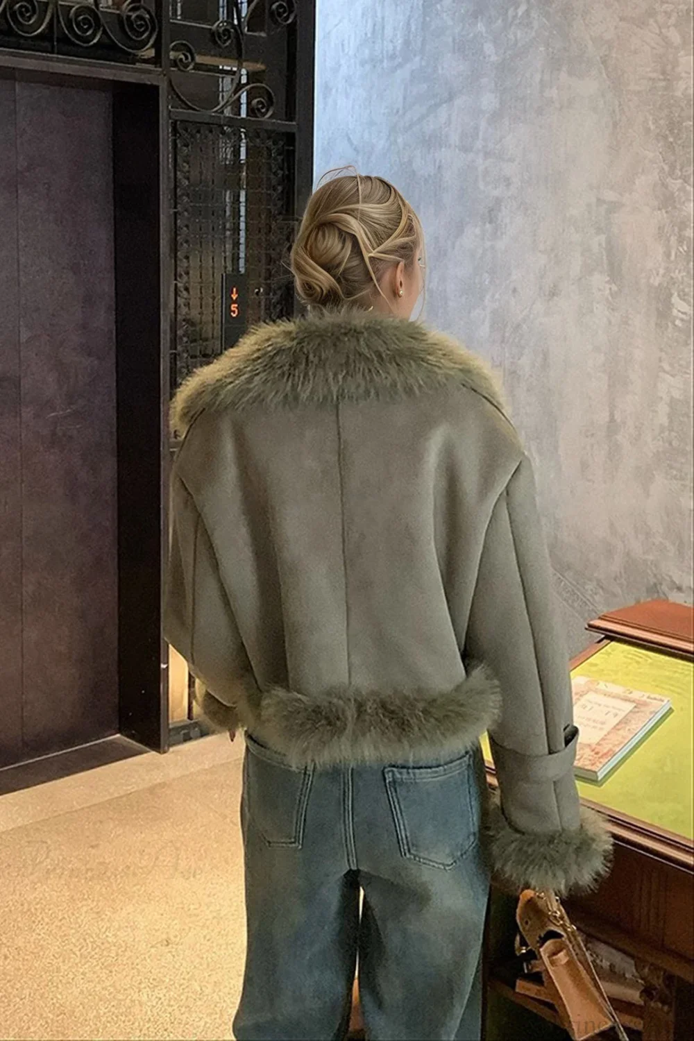 Faux Fur Suede Short Biker Jacket - Image 5