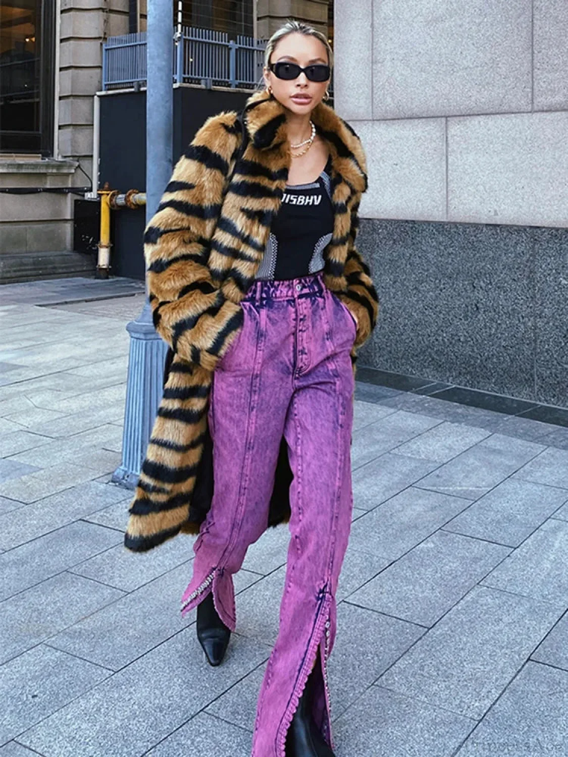 Faux Fur Tiger Striped Loose Overcoat - Image 3