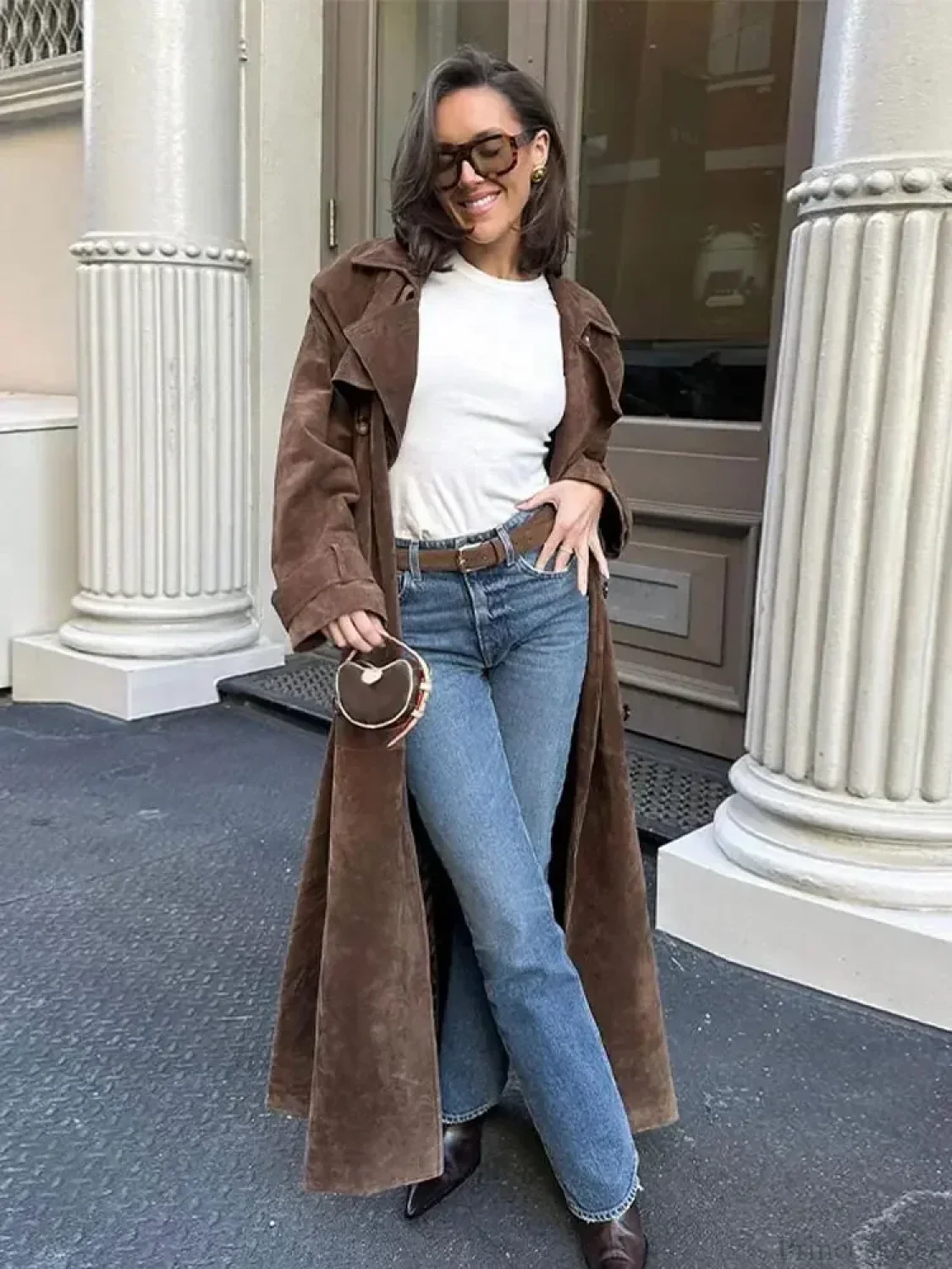 Faux Leather Lapel Double-Breasted Overcoat - Image 2