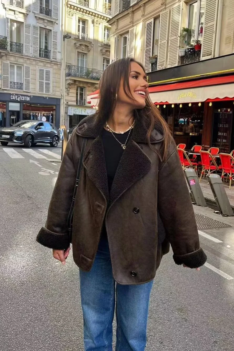 Faux Shearling Collared Casual Coat - Image 3