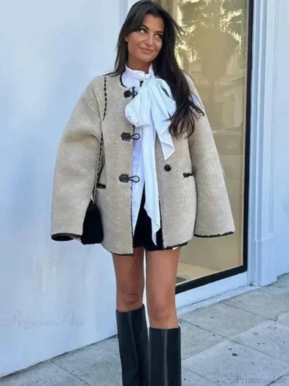 Faux Wool Loose Retro O-neck Overcoat - Image 3
