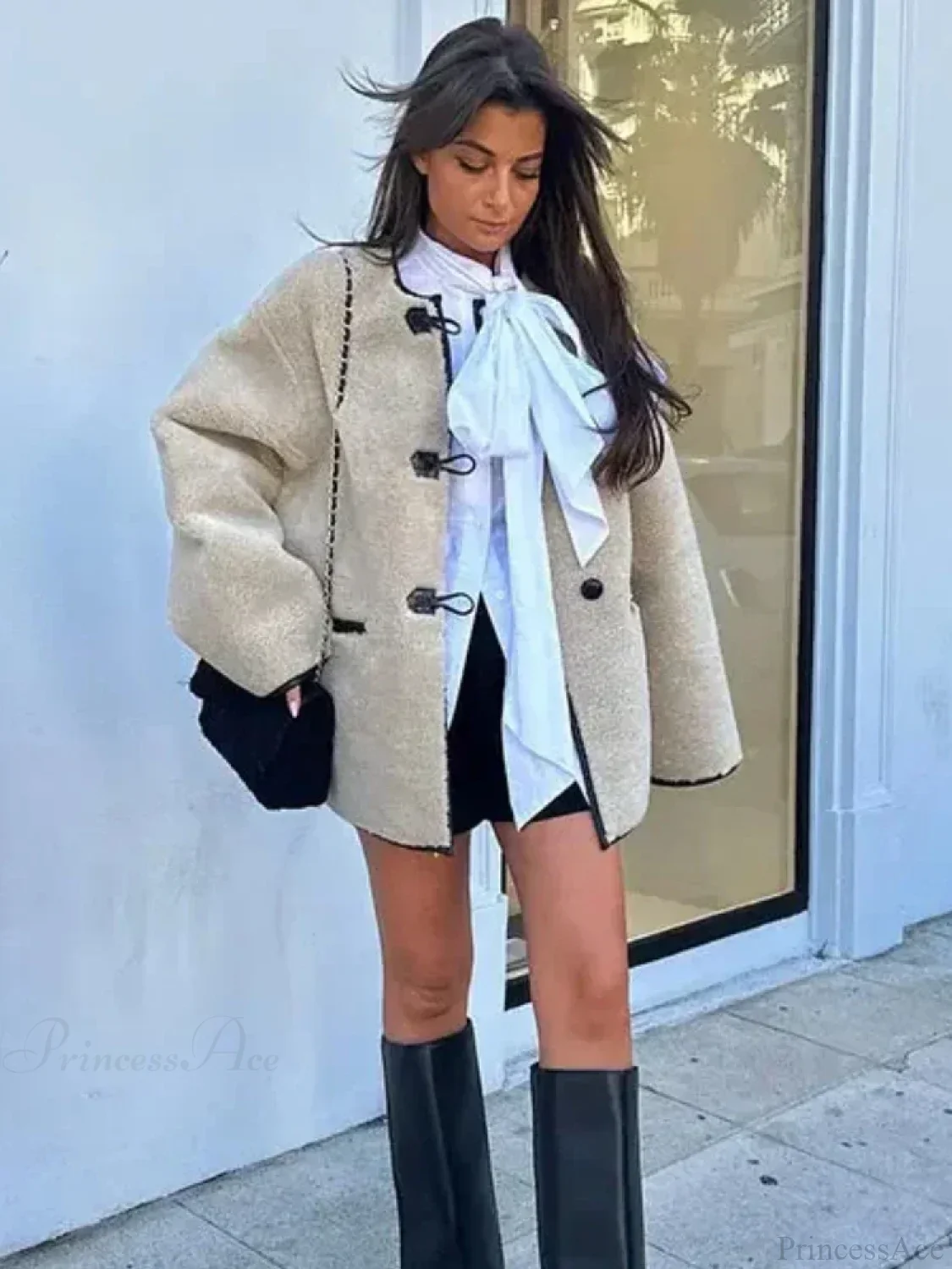Faux Wool Loose Retro O-neck Overcoat - Image 5