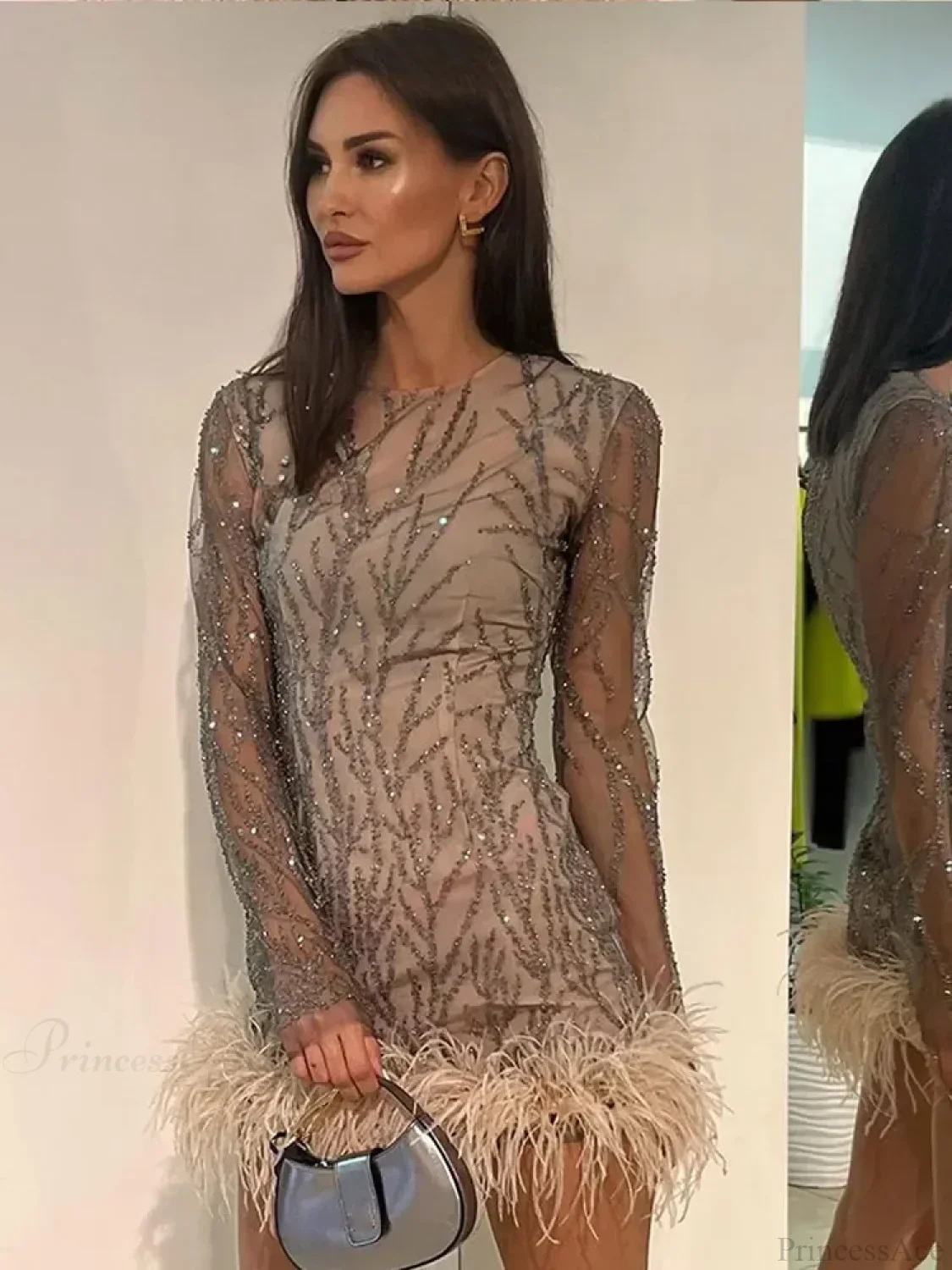 Feather Mesh Sheer Sleeve Party Dress - Image 2