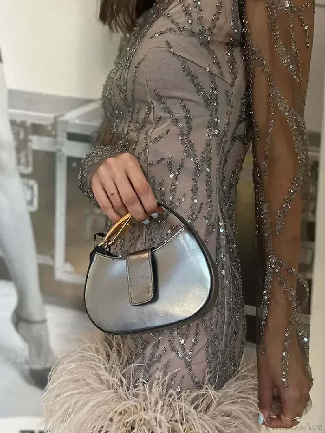 Feather Mesh Sheer Sleeve Party Dress - Image 6