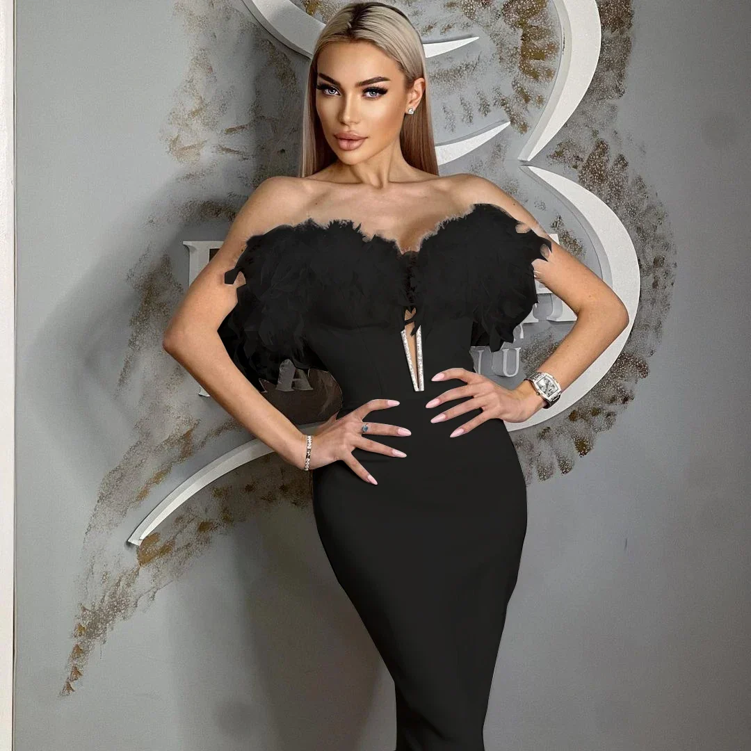 Feather Off-Shoulder Midi Party Dress - Image 2