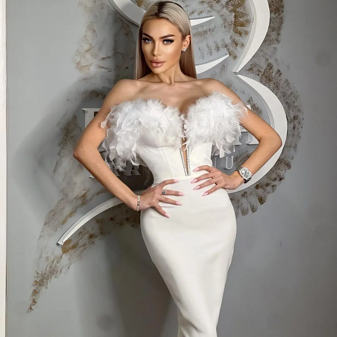 Feather Off-Shoulder Midi Party Dress - Image 3