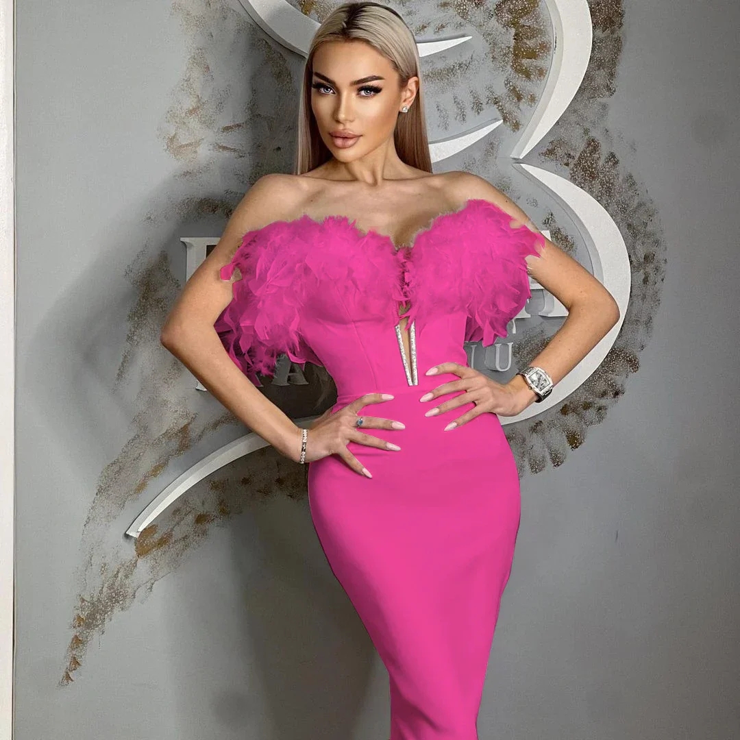 Feather Off-Shoulder Midi Party Dress - Image 4