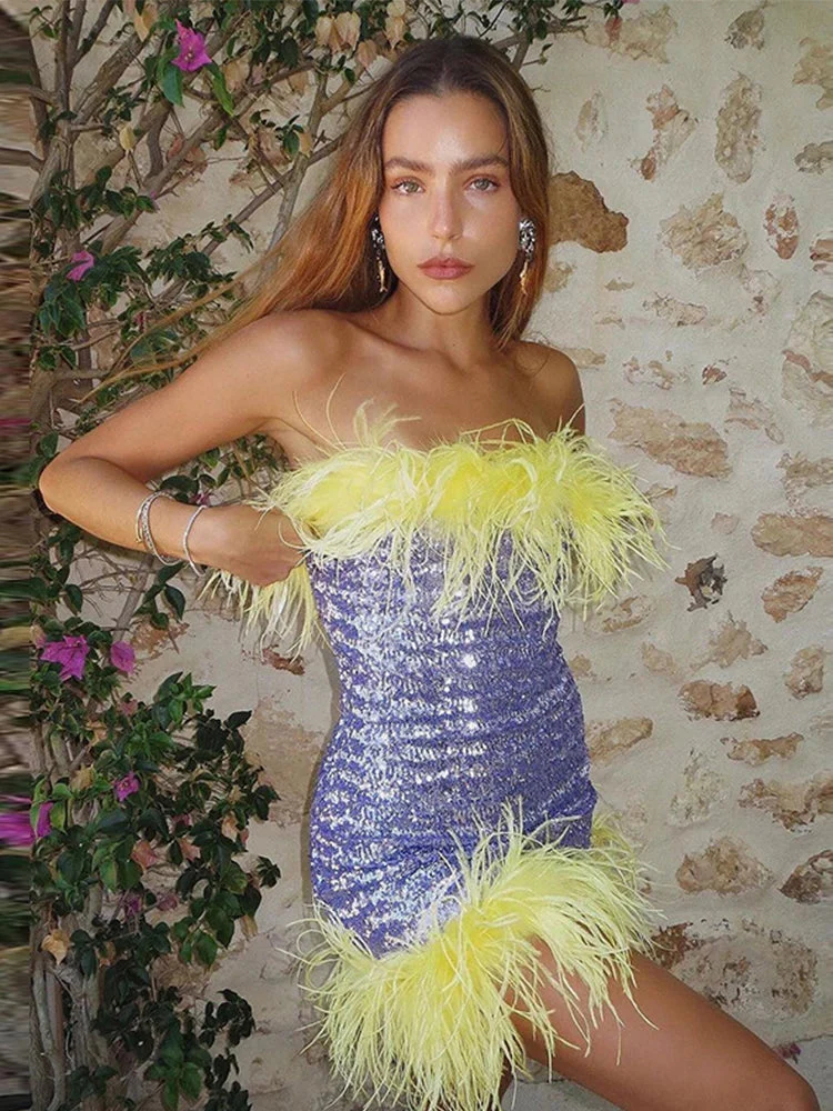 Feather Sequins Bodycon Mini Party Dress - Image 3