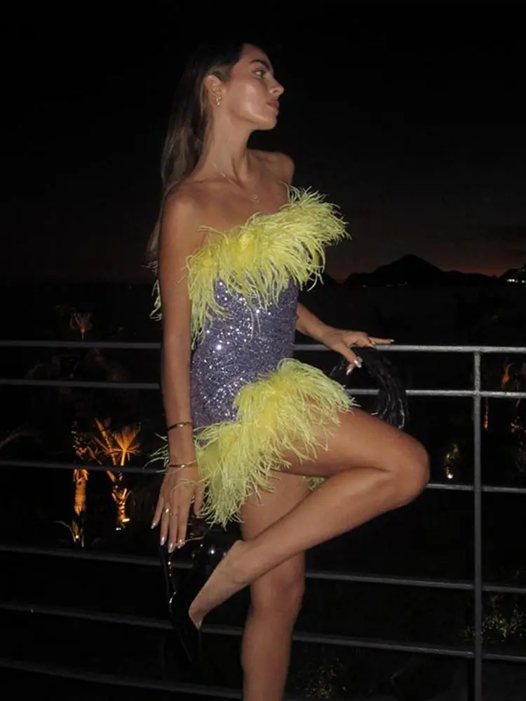 Feather Sequins Bodycon Mini Party Dress - Image 6