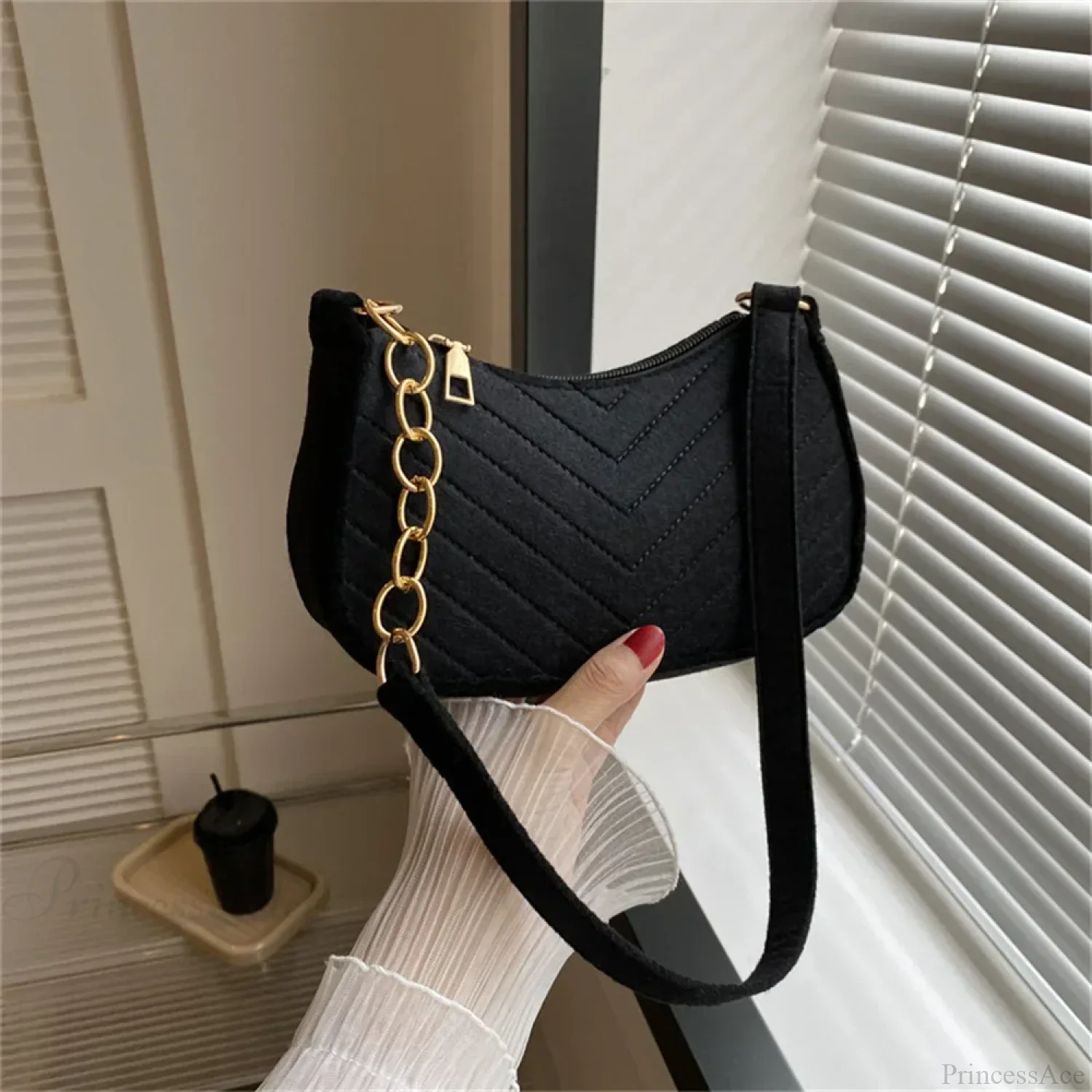 Felt Solid Color Retro Underarm Shoulder Bag - Image 6