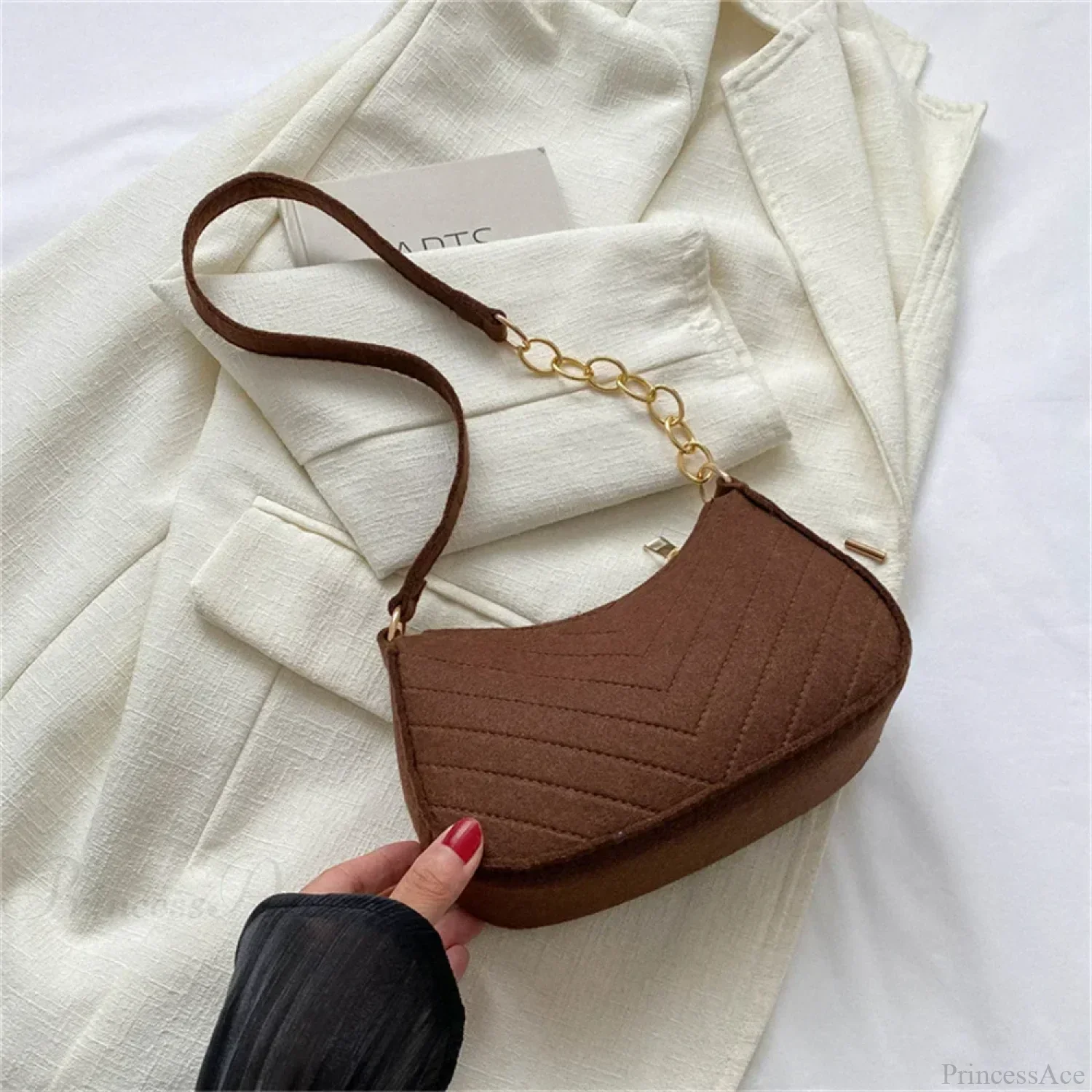 Felt Solid Color Retro Underarm Shoulder Bag - Image 8