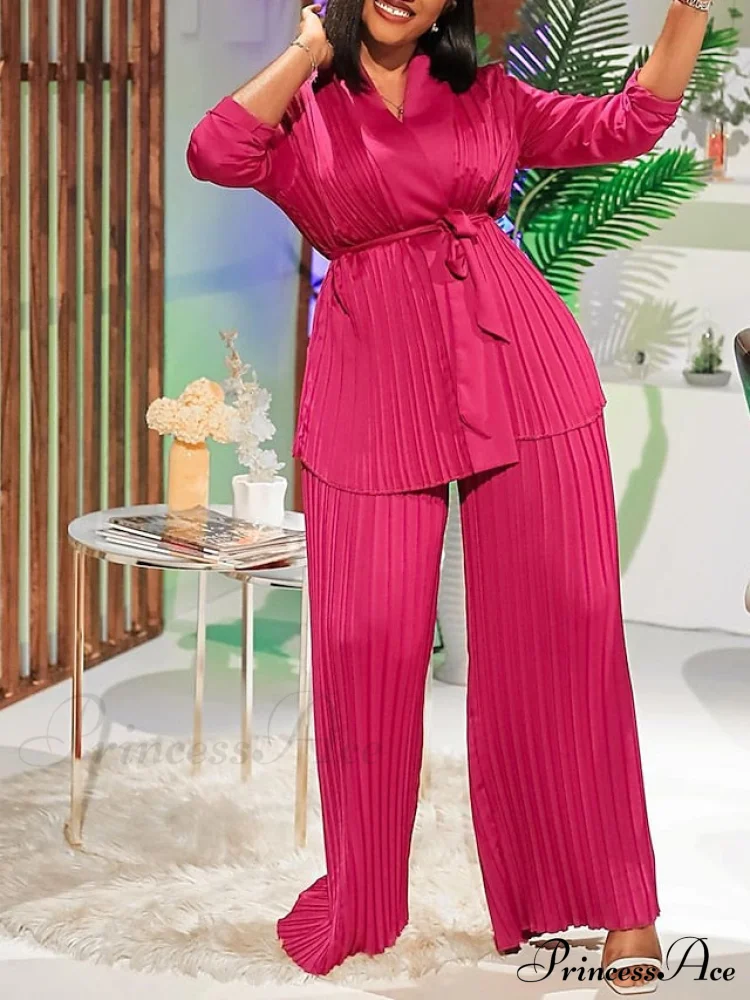 Fit Fuchsia - Pants Sets Casual Spring V White Color Daily & - Fashion Solid - - Long Blouse - Red Neck - Regular Women's Arm Fall - Image 3