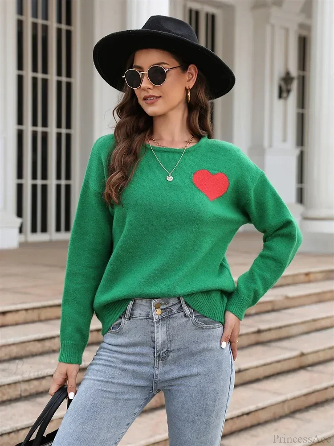 Fitshinling Heart Basic Autumn Winter Long Sleeve Cozy Green Sweater - Image 2