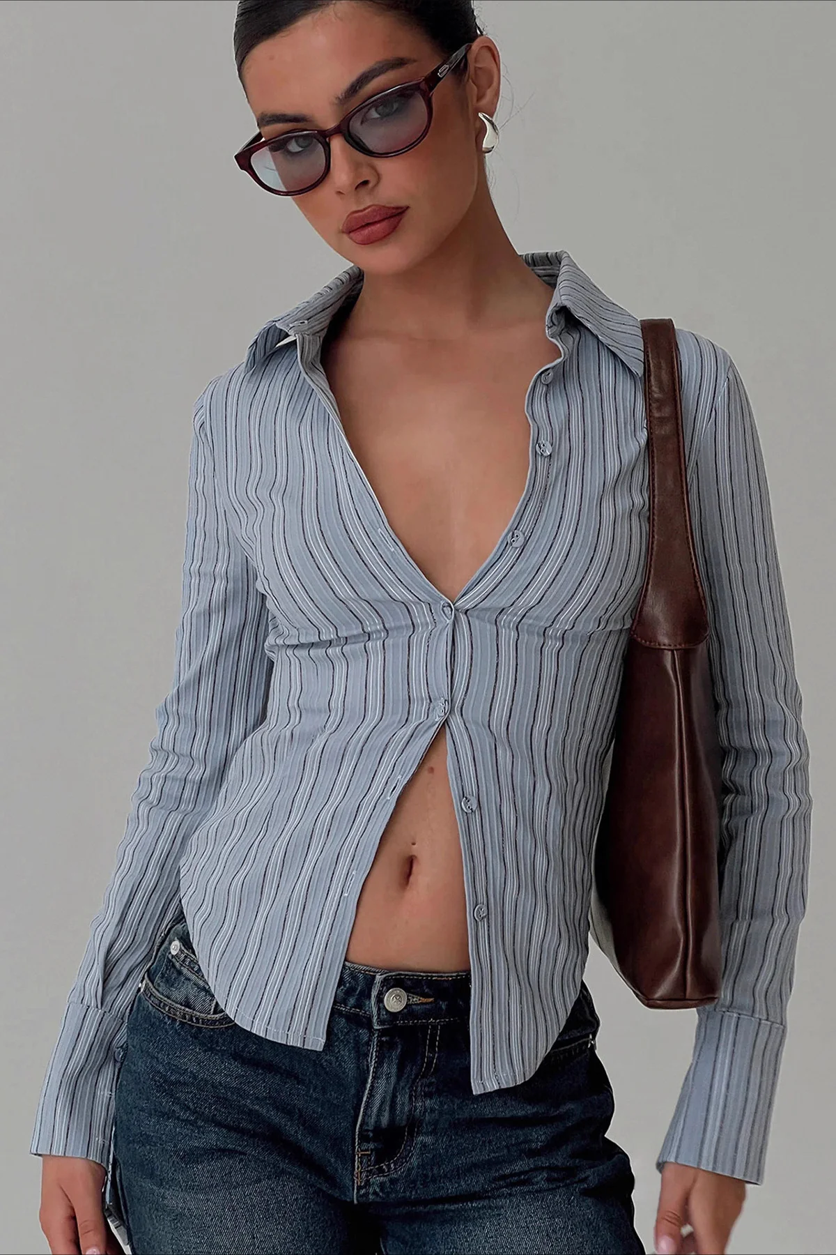 Fitted Striped Collared Buttoned Long Sleeve Blouse - Image 2