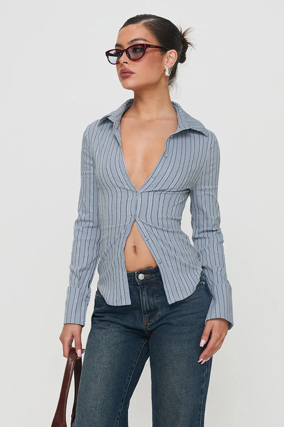 Fitted Striped Collared Buttoned Long Sleeve Blouse - Image 3