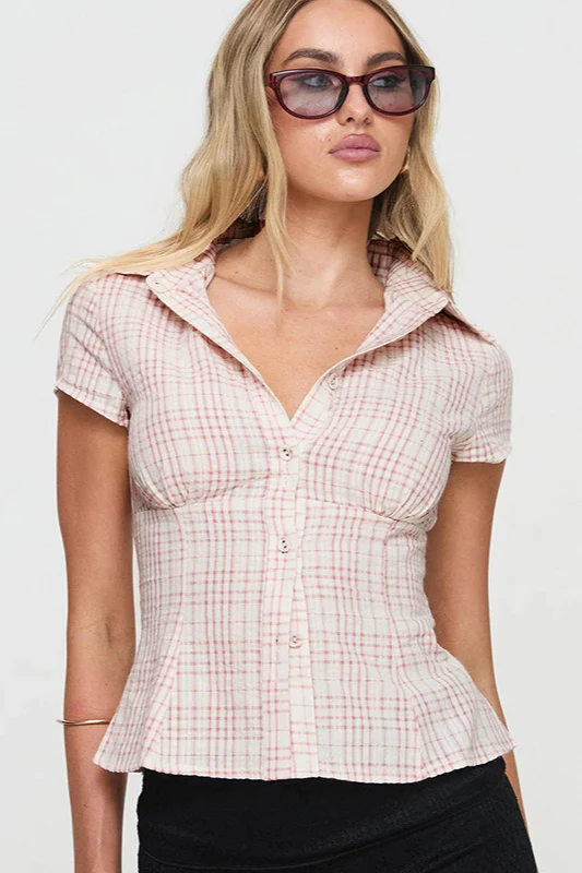 Fitted Waist Plaid V Neck Button Front Short Blouse - Image 2