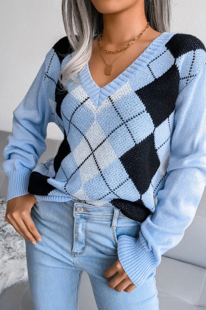Argyle V-Neck Knit Pullover Sweater - Image 21