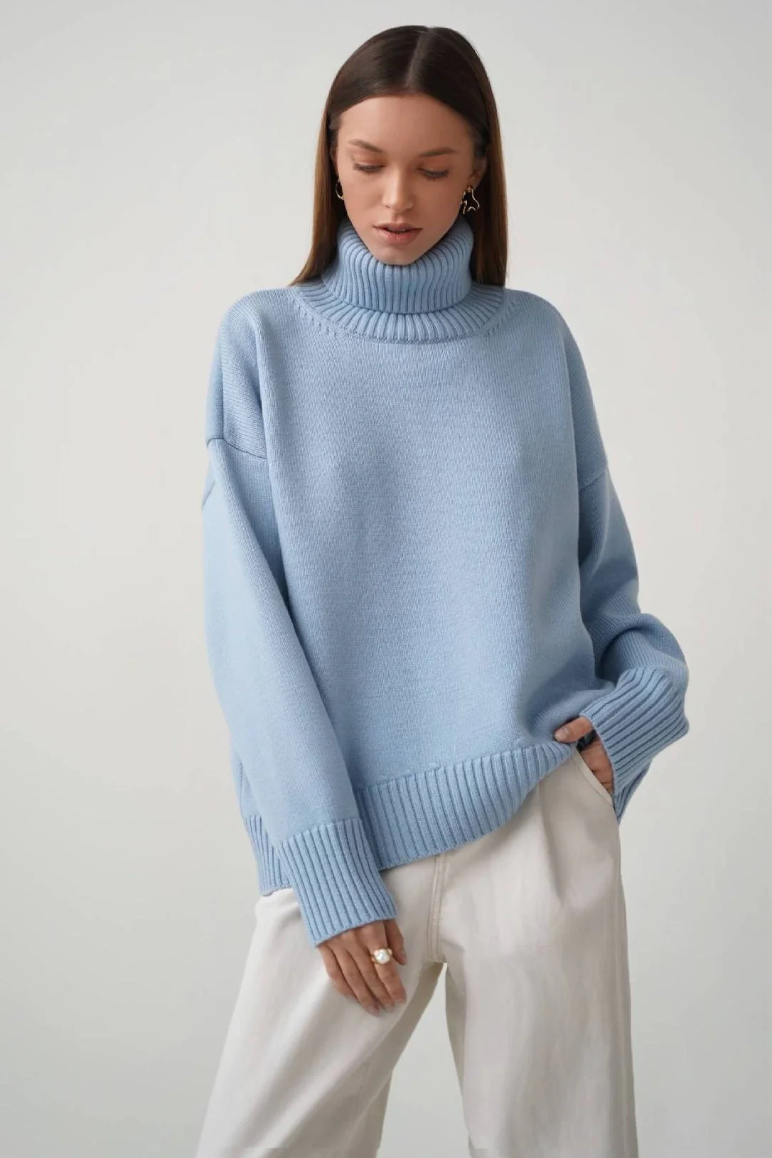 Basic Solid Knit Turtleneck Sweater - Image 48