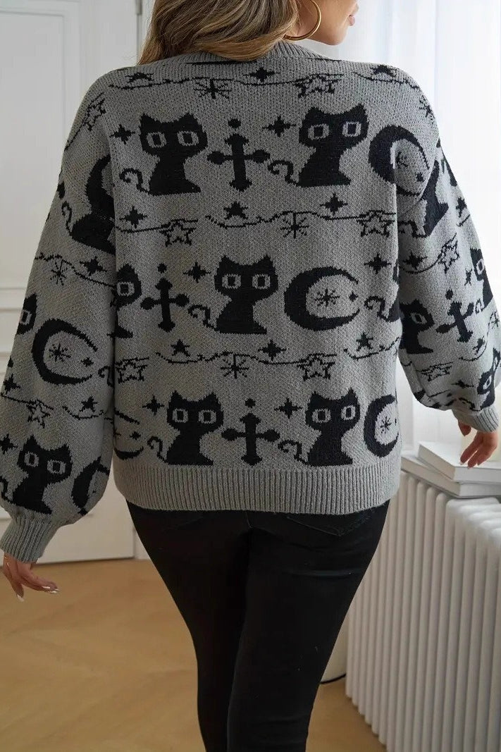 Black Cat Moon Jacquard Knit Sweater - Image 6