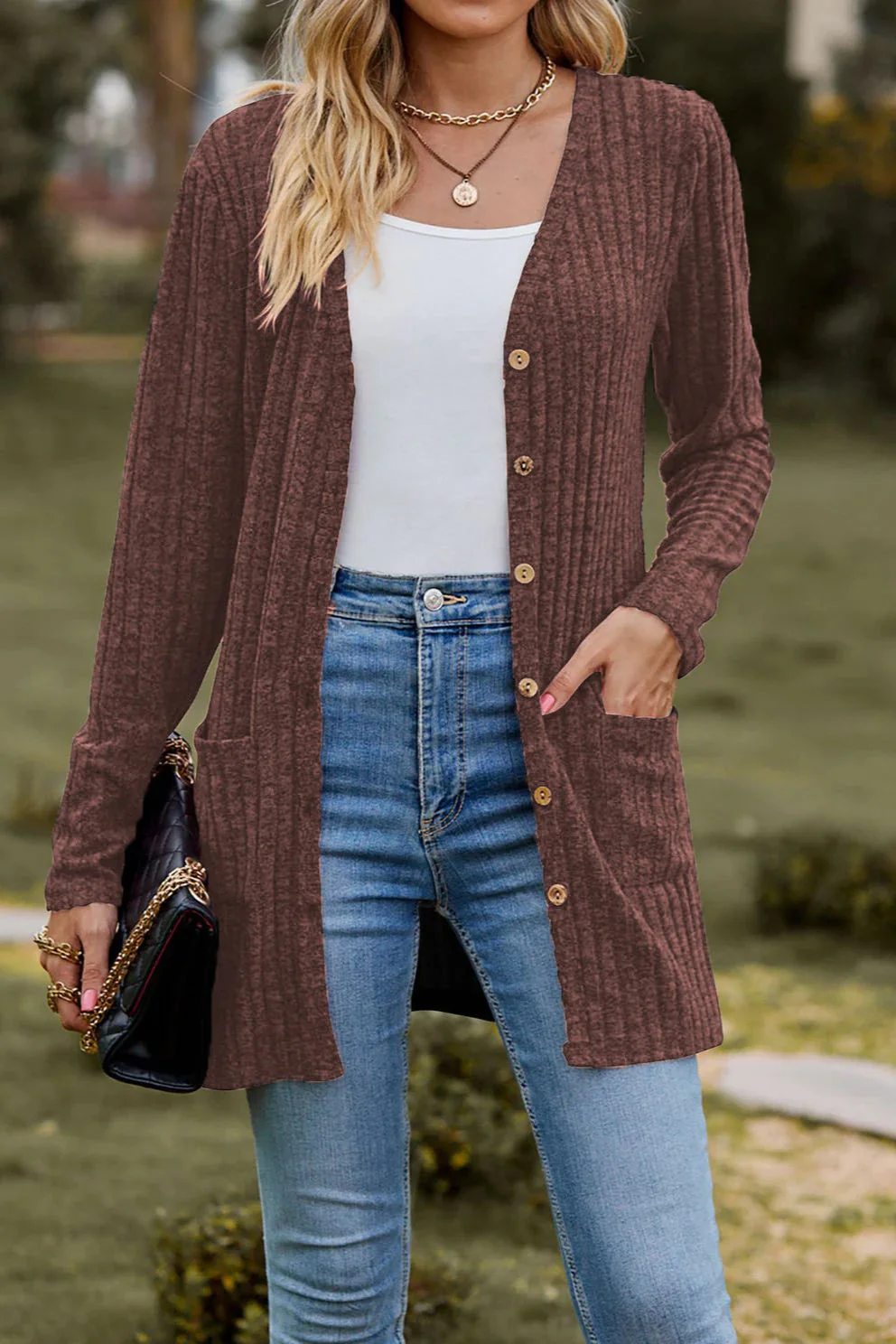 Brushed Ribbed Long Sleeve Cardigan - Image 10