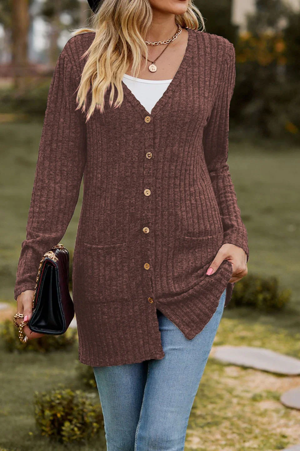 Brushed Ribbed Long Sleeve Cardigan - Image 19