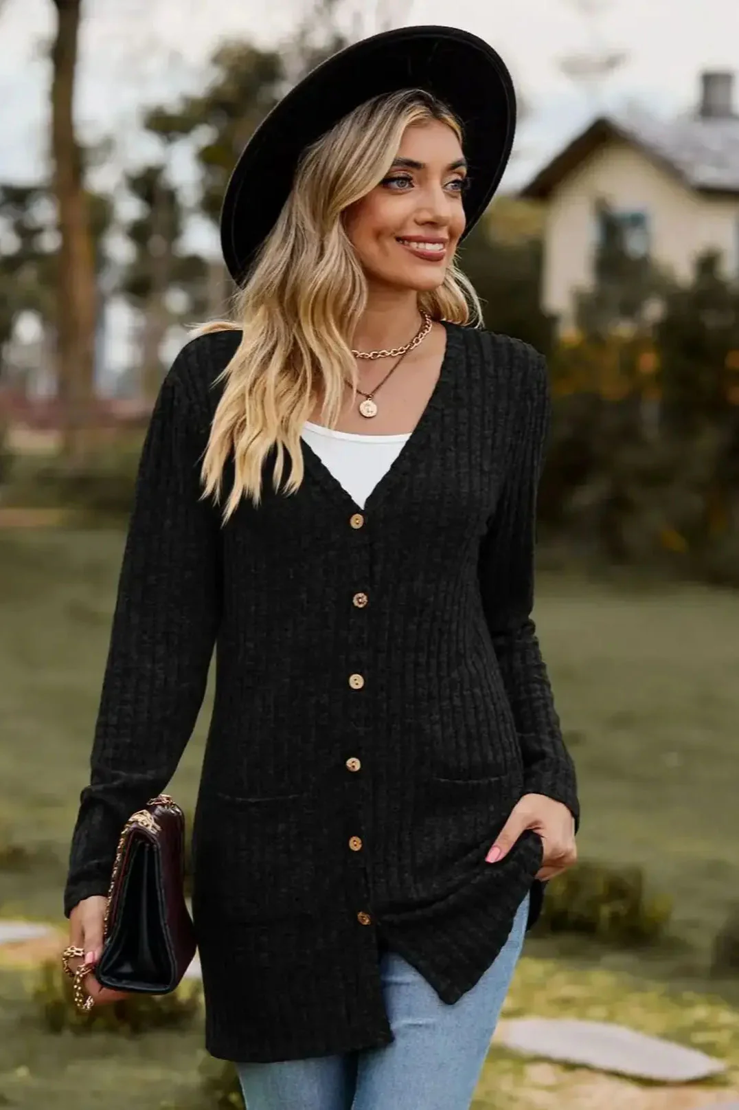 Brushed Ribbed Long Sleeve Cardigan - Image 4
