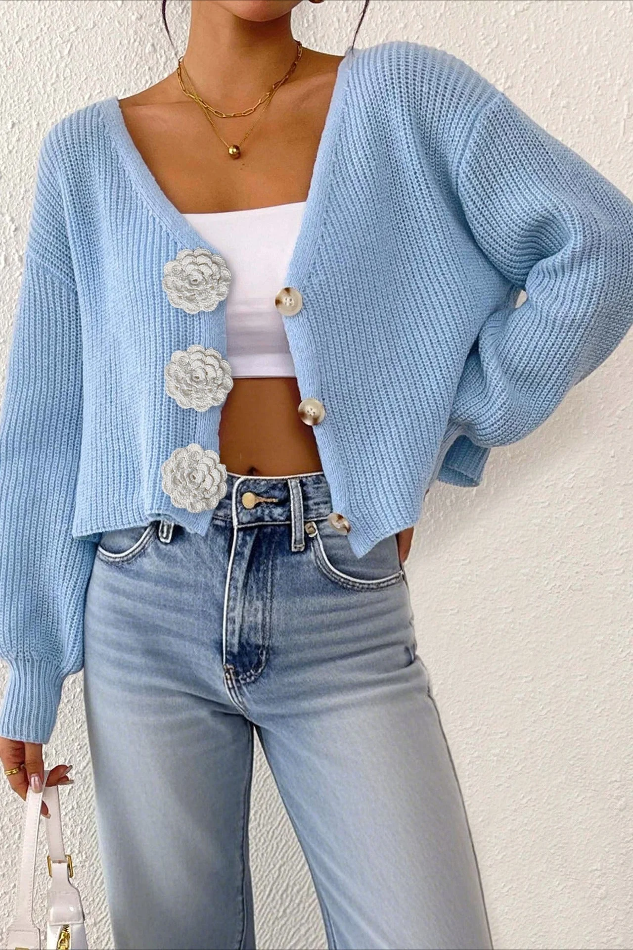 Button Front Crochet Knit Crop Sweater - Image 31