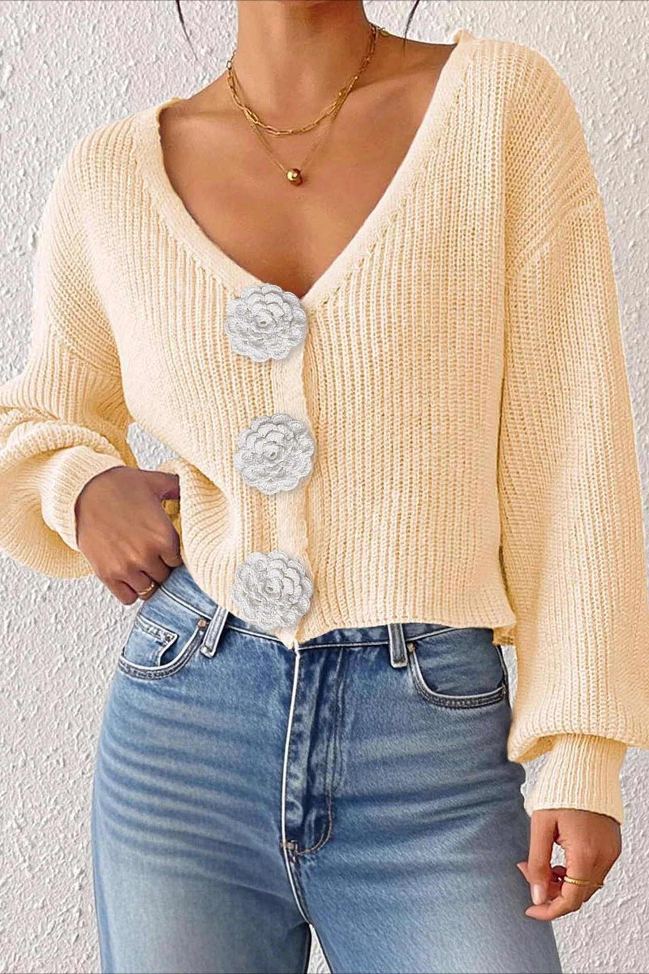 Button Front Crochet Knit Crop Sweater - Image 37