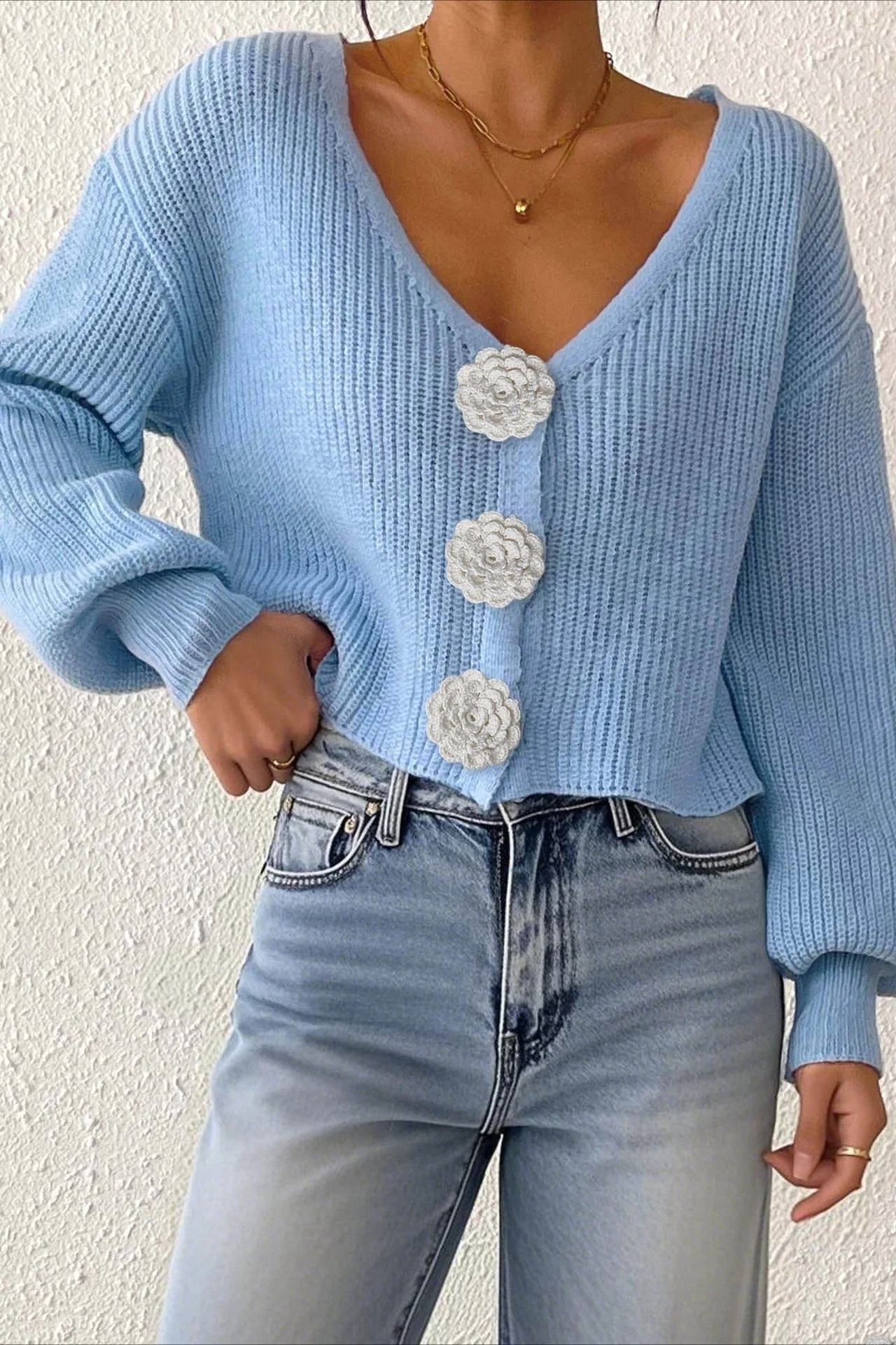 Button Front Crochet Knit Crop Sweater - Image 4