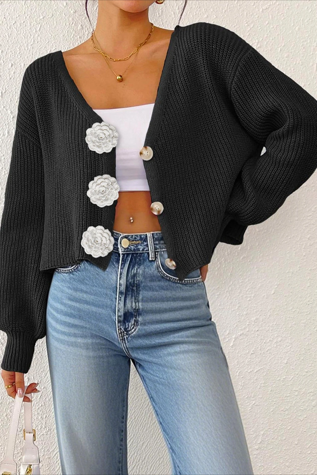 Button Front Crochet Knit Crop Sweater - Image 41