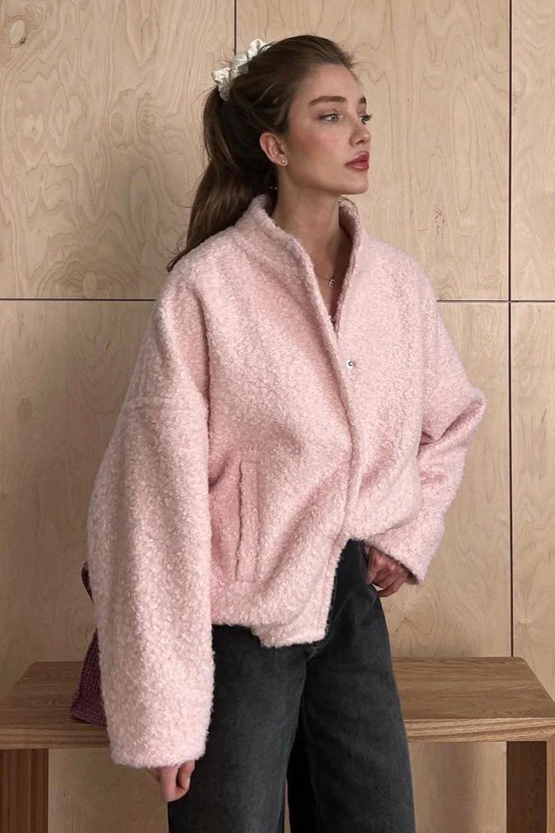 Casual Pink Faux Fur Short Jacket - Image 3