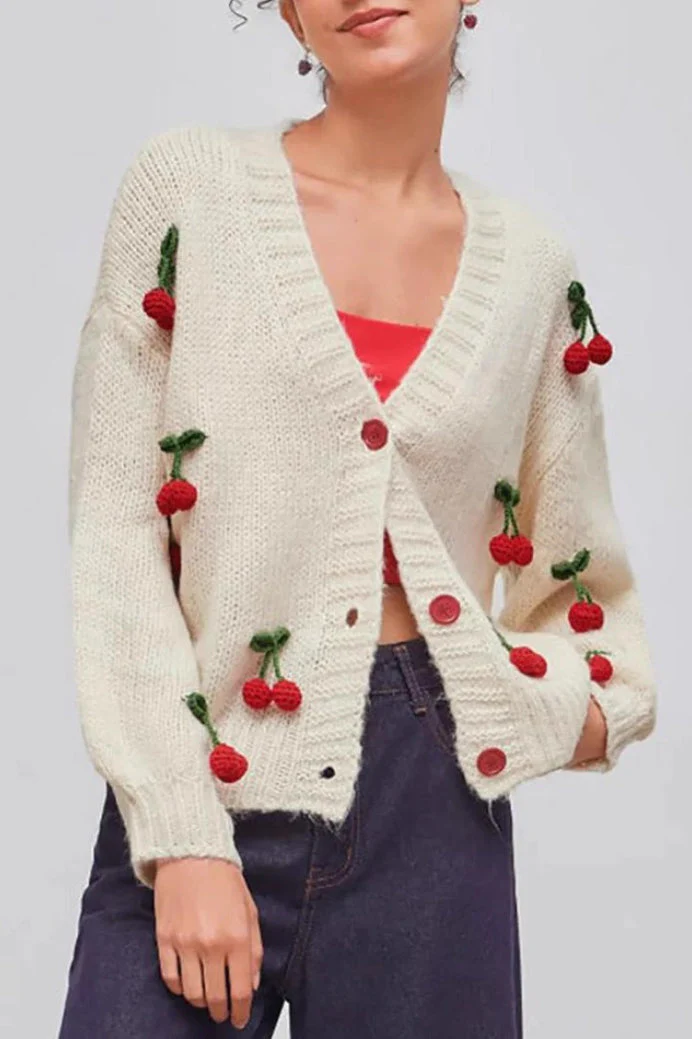Cherry Embroidered Knit Cardigan Sweater - Image 6