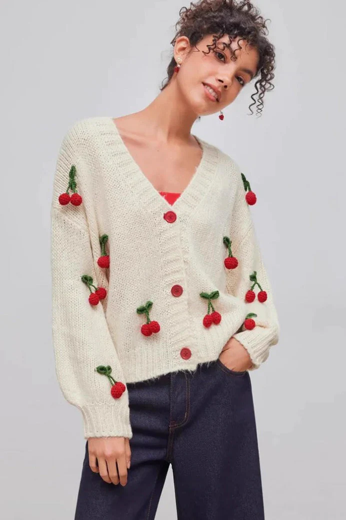 Cherry Embroidered Knit Cardigan Sweater - Image 7
