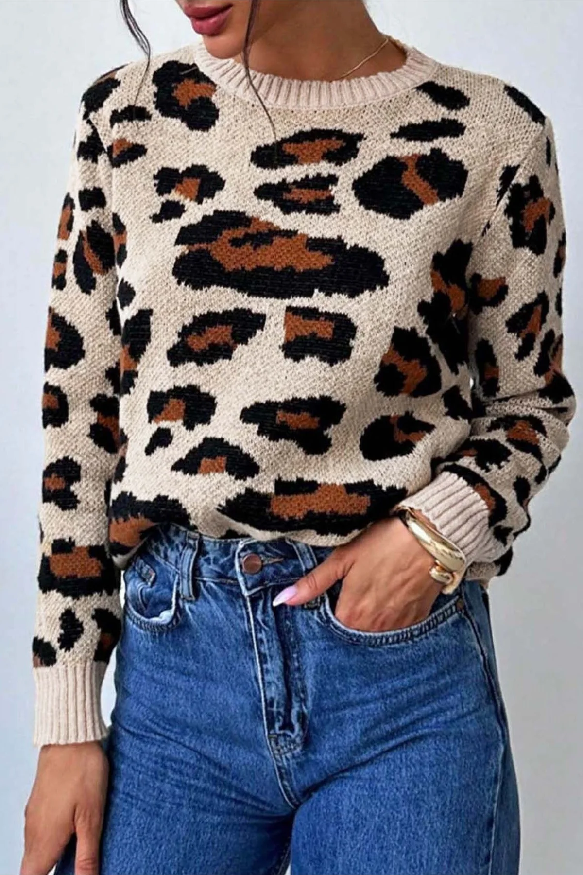 Colorblock Leopard Crewneck Sweater - Image 3