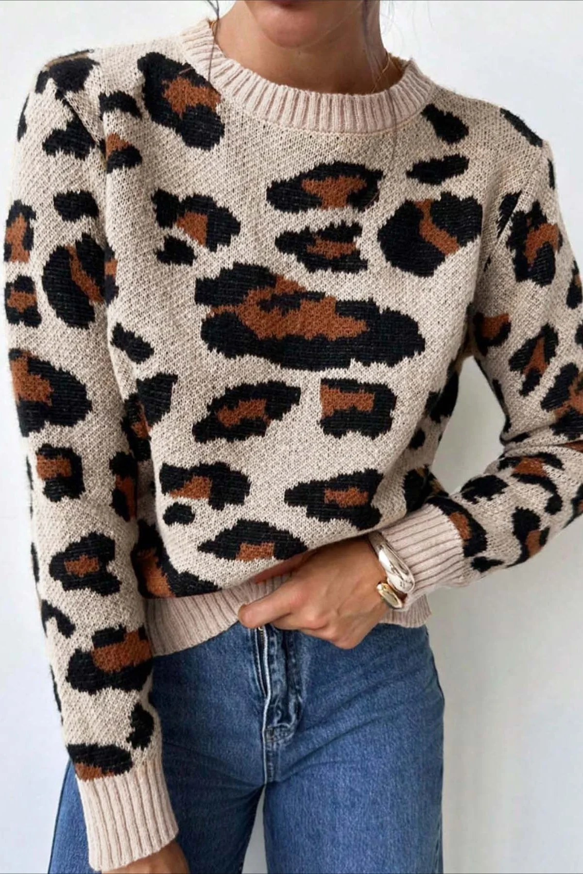 Colorblock Leopard Crewneck Sweater - Image 4