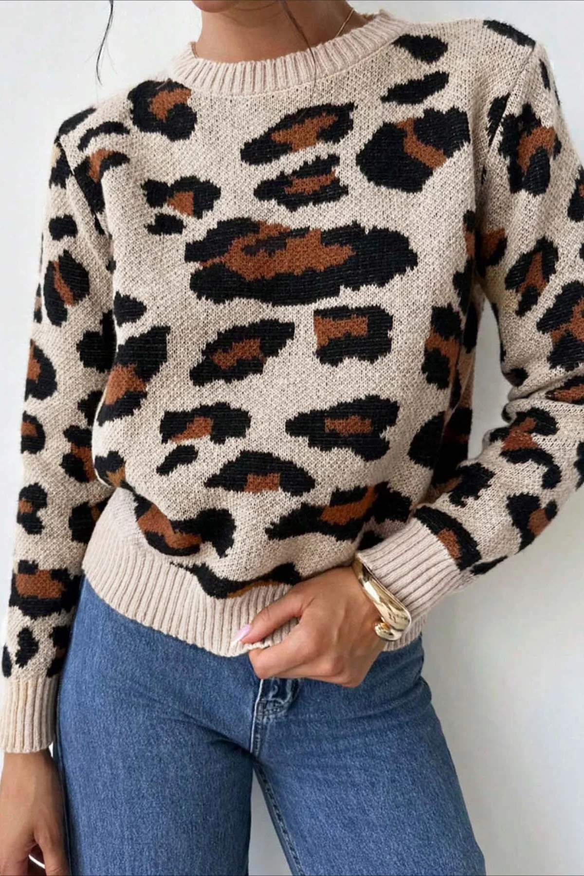 Colorblock Leopard Crewneck Sweater - Image 6