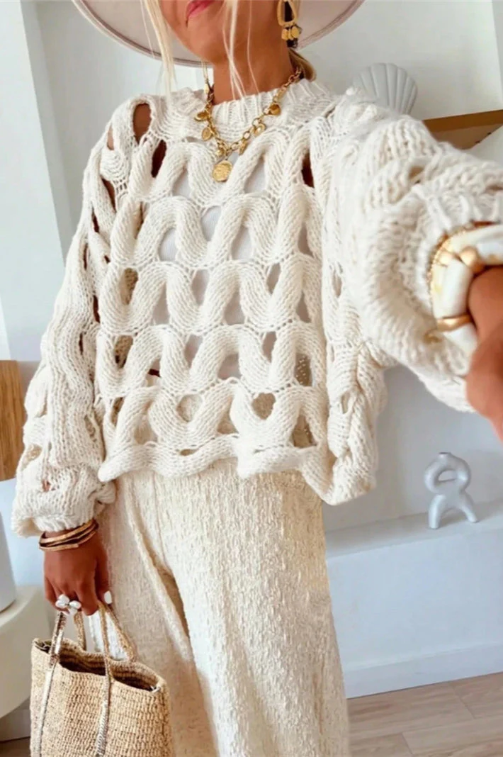 Crochet Knit Hollow Out Pullover Sweater - Image 3