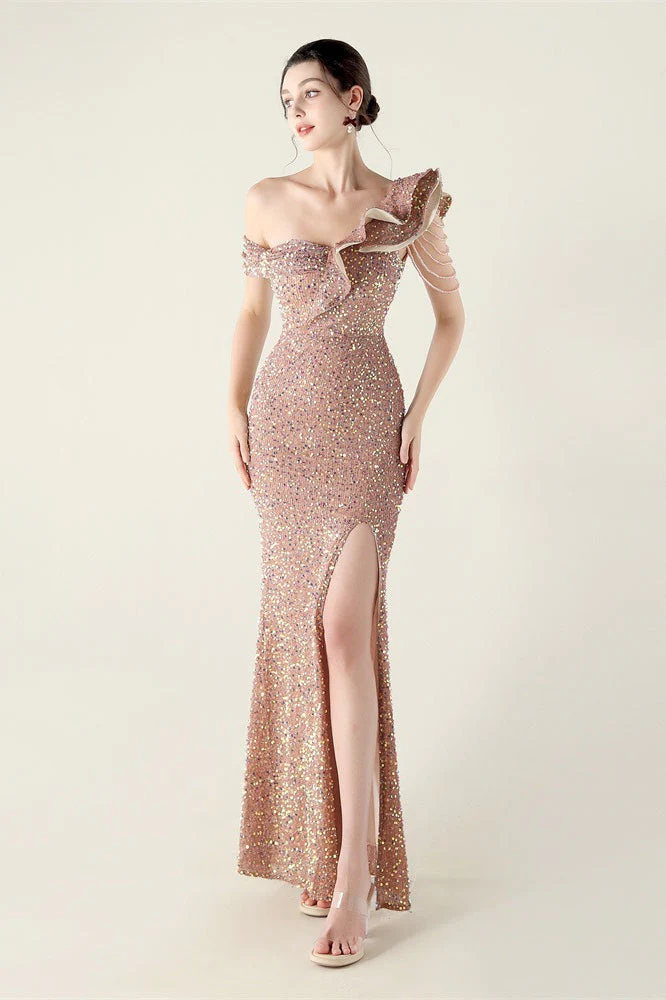 Draped One Shoulder Ruffle Formal Dress - Image 13