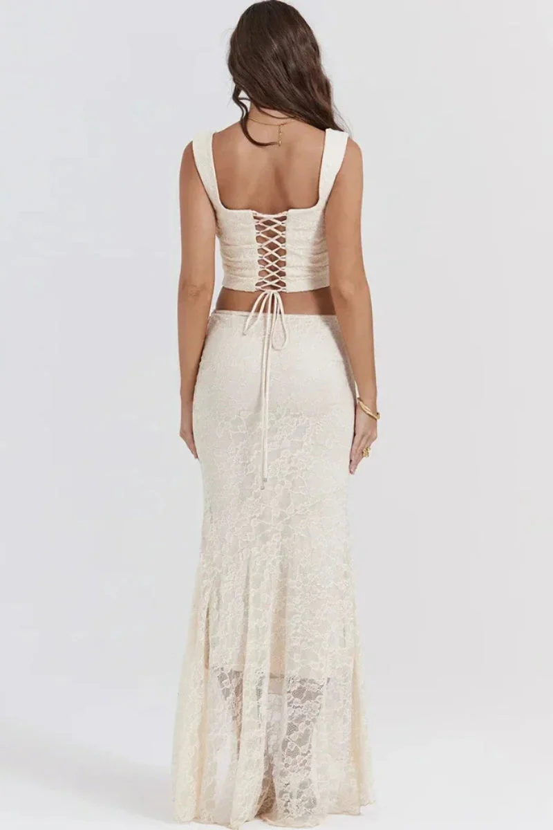 Elegant Lace-Up Crop Top & Maxi Skirt Boho Dress - Image 2