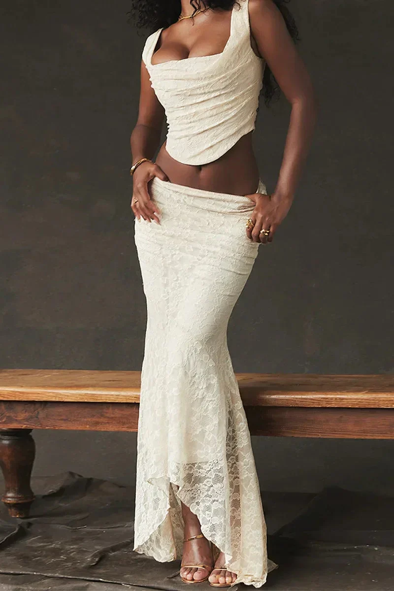 Elegant Lace-Up Crop Top & Maxi Skirt Boho Dress - Image 20