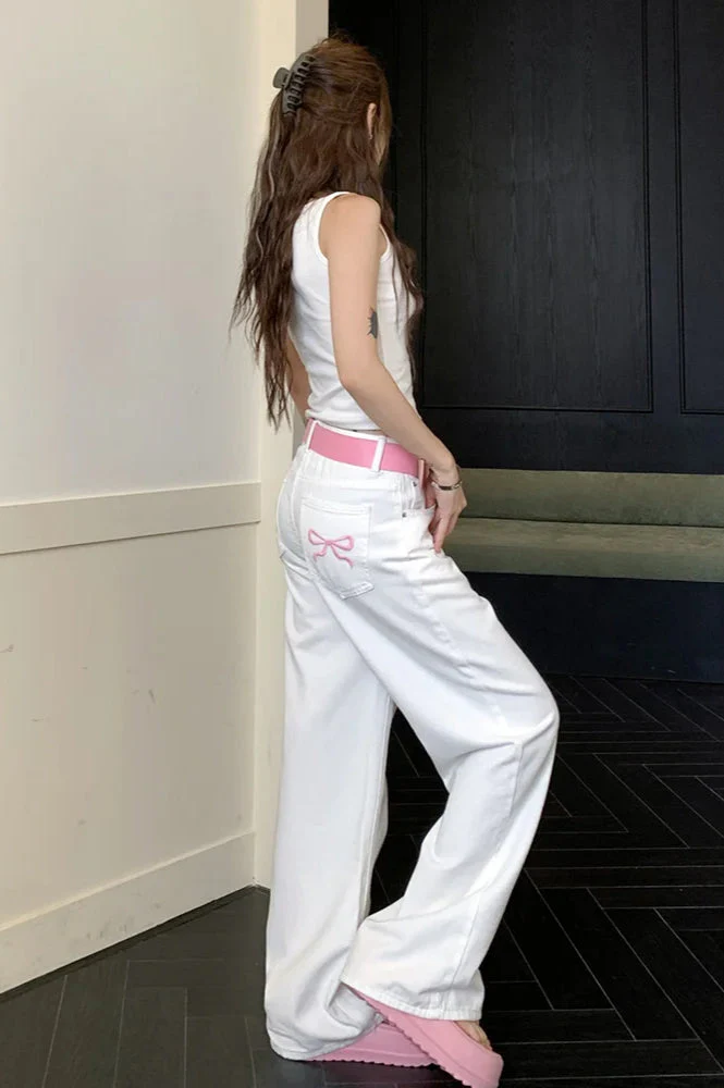Embroidered Pink Bow Wide Leg Jeans - Image 19