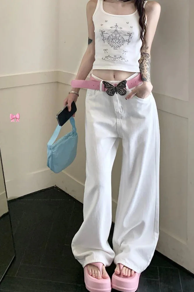 Embroidered Pink Bow Wide Leg Jeans - Image 2