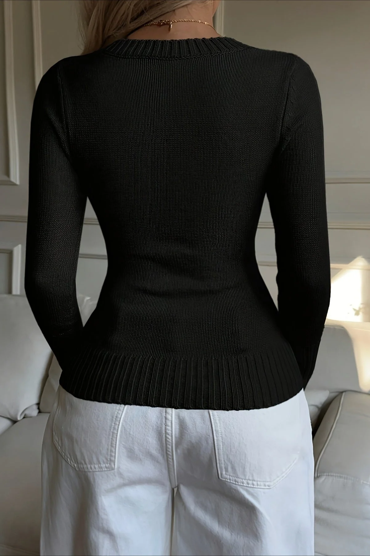 Embroidered V-Neck Sweater Knit Top - Image 5